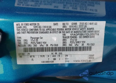 2013 Ford C-Max Hybrid Sel из США, поврежденный, VIN 1FADP5BU1DL550702